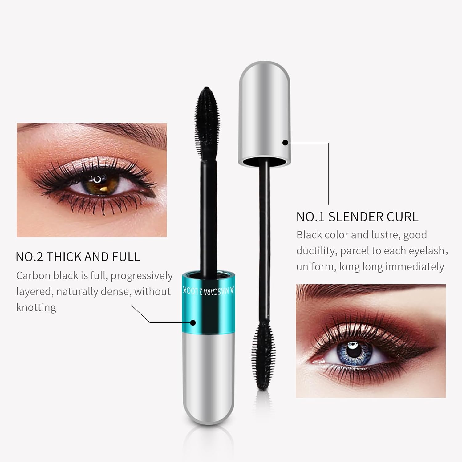 2 Pack 2 in 1 for Mascara 5x Longer Washable, 2 in 1 4D Silk Fiber Lash Mascara, No Clumping, Long-lasting Black Mascara