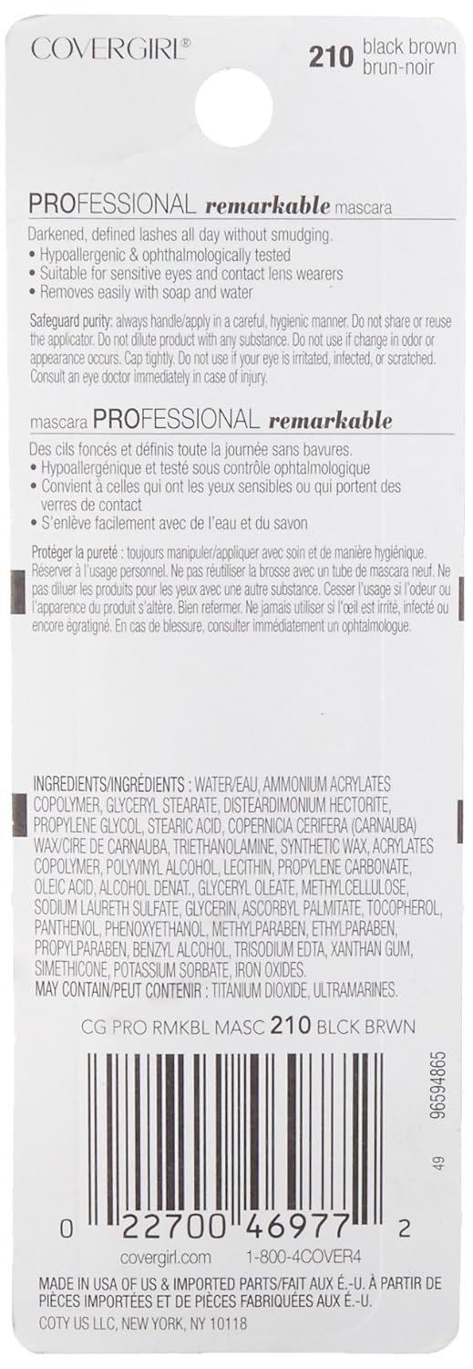 COVERGIRL Professional &amp; Remarkable Mascara Black Brown, Long Lasting, 0.3 Fl Oz, Smudge-Proof Mascara, Voluminous Mascara, Lengthening Mascara, Resists Swipes and Smears, Darkens and Defines All Day