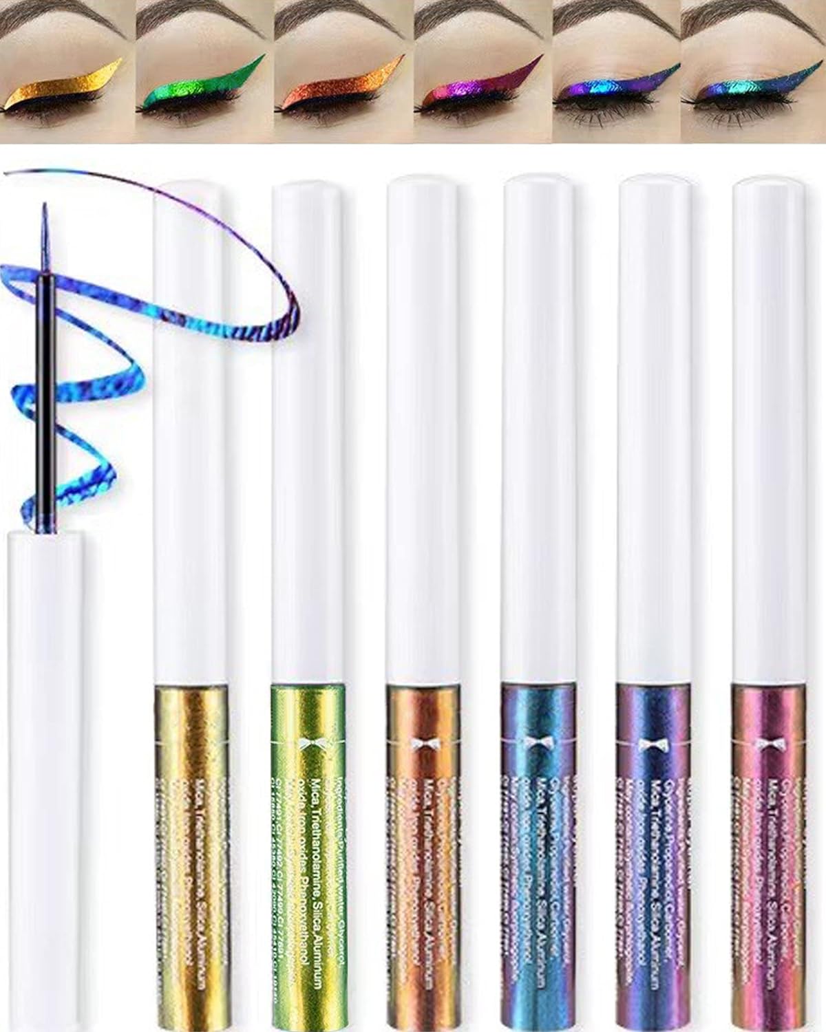 Chameleon Multichrome Glitter Eyeliner Liquid Kit-6Pcs Purple/Blue/Gold/Green Metallic Satin Colored Finish Eye Liner Eye Shadow Stick, Longwear, Ultra-Fine Tip Eyeliner Pen, for Glitter Makeup