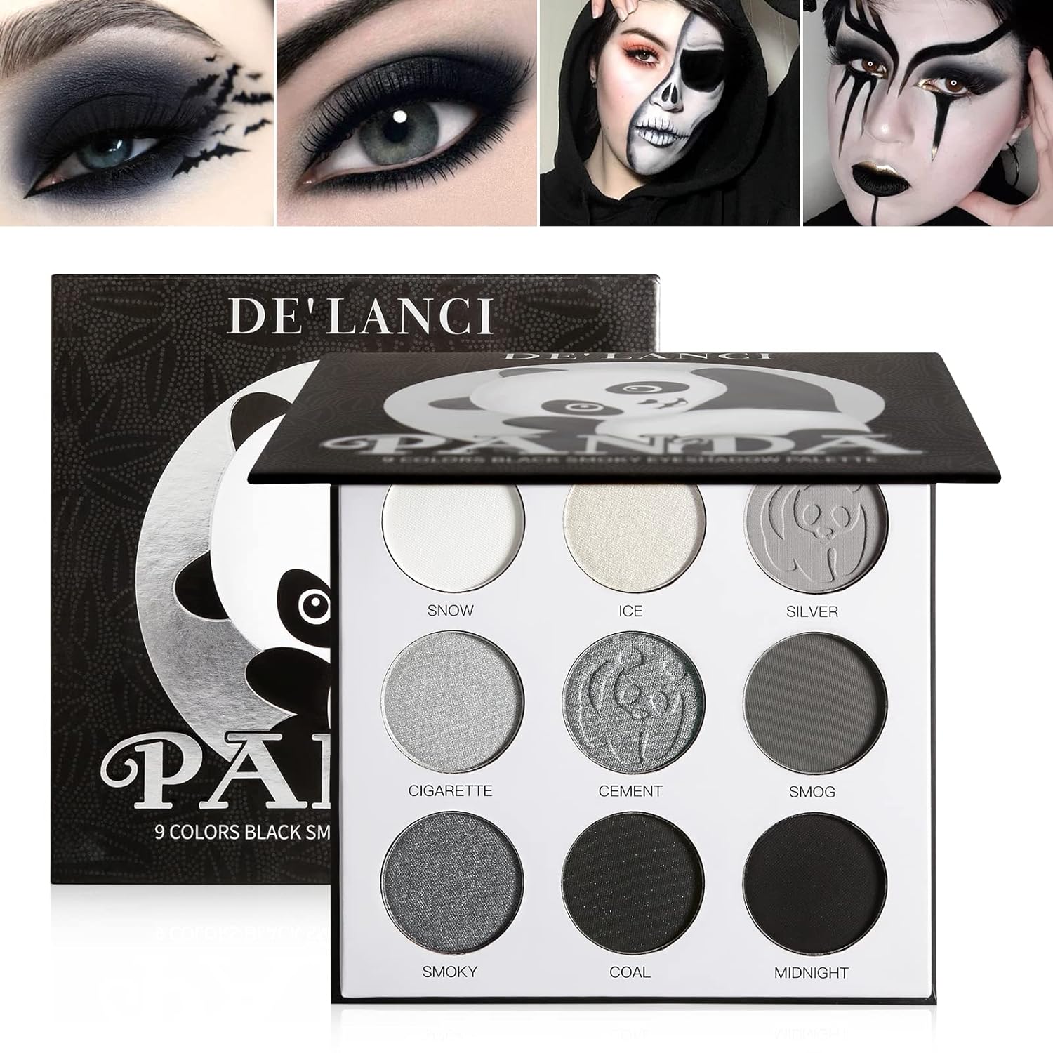 Black Smoky Eye shadow Palette, DE��LANCI PANDA 9 Colors True Black Dark Grey Smokey Goth Makeup Pallet, 9 Soft Matte Shimmer High Pigmented Basic Black White Gray Shade for Halloween