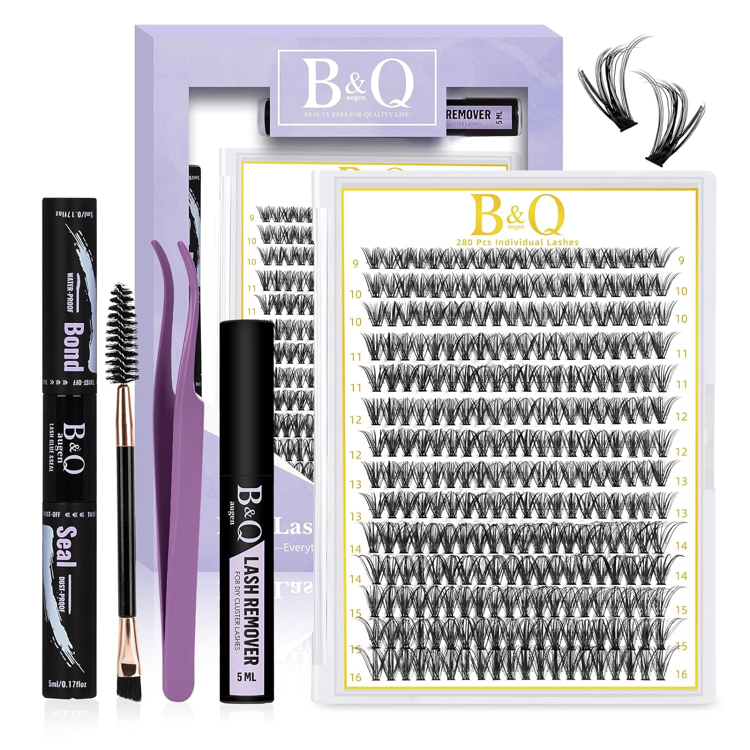 DIY Lash Extension Kit B&amp;Q 280 PCS Individual, D 9-16MIX 30D 40D 50D Cluster Lashes Kit Lash Glue Remover (Kit-40D-D,9-16MIX)