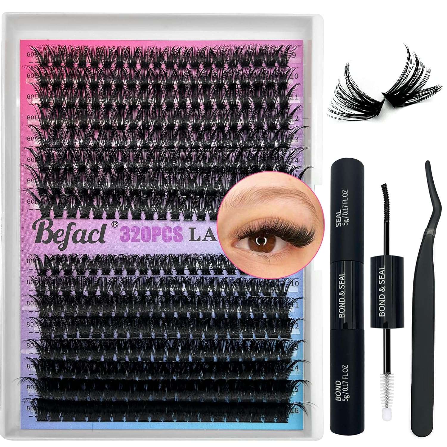 Cluster Eyelash Extensions Kit 320Pcs 60D+80D Fluffy Lash Clusters Kit with Lash Bond and Seal and Eyelashes Clusters Tweezers 9-16mm DIY Thick Individual Lashes Kit, by BEFACL