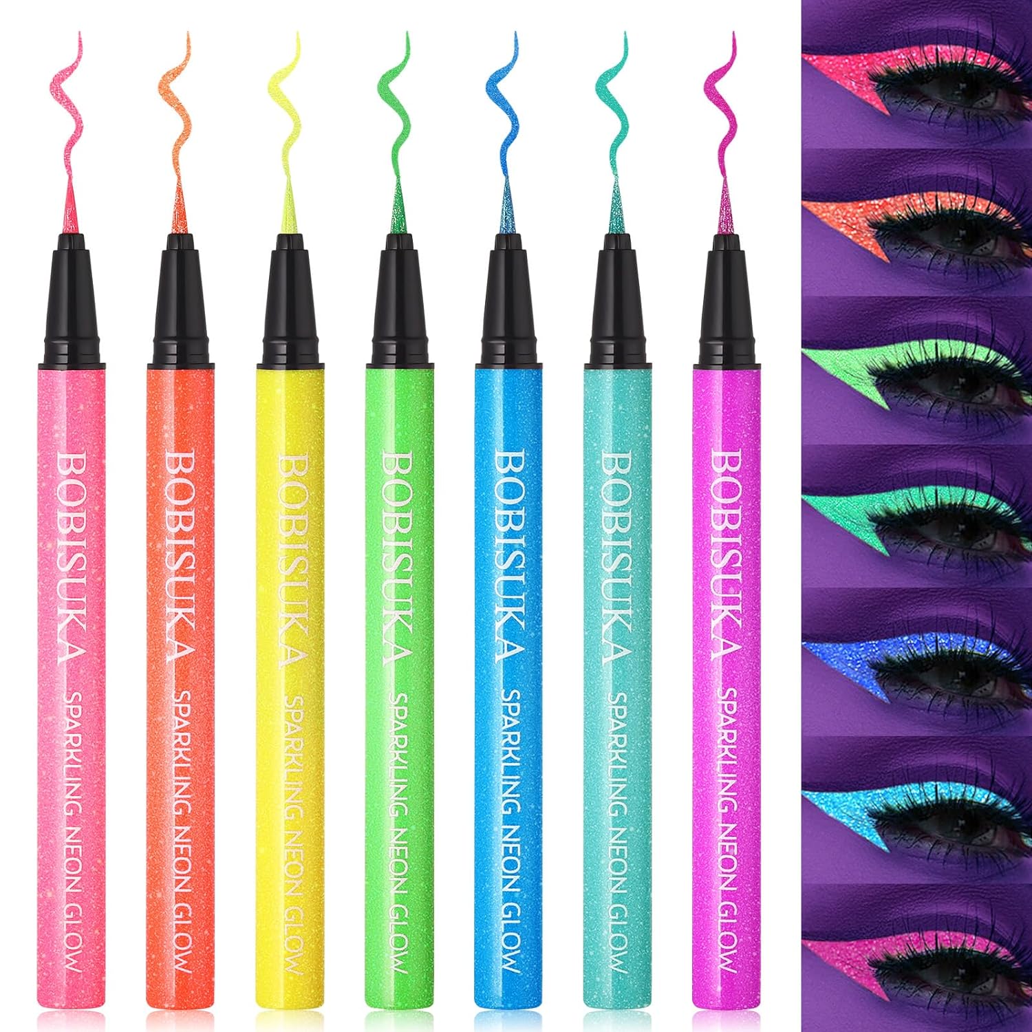 BOBISUKA 7 Colors UV Glitter Eyeliner, Neon Shimmer Glow in the Dark Makeup, Blacklight Metallic Liquid Eye liner Set for Festival, Waterproof Paint Rave Accessories for Women